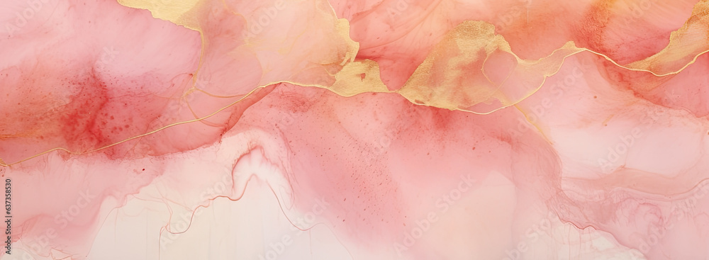 Fototapeta premium Marble ink abstract art background. Luxury abstract fluid art painting in alcohol ink technique, mixture of blue, pink and gold paints. AI generative