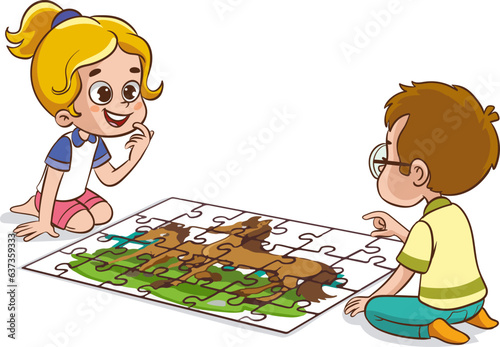 vector illustration of kids playing puzzles