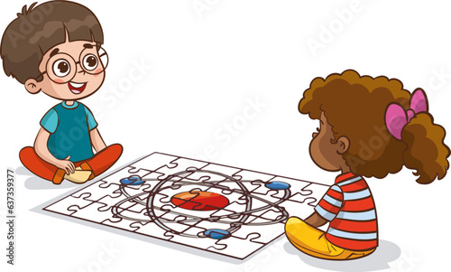 vector illustration of kids playing puzzles