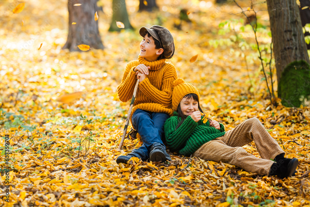 Two happy little children are resting in the autumn park. Wonderful autumn season. Knitted retro clothes. Two happy little children are resting in the autumn park. Wonderful autumn season. Knitted retro clothes.