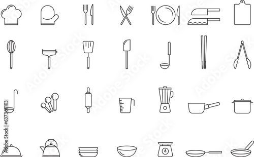 モノクロの料理線画のアイコンセット