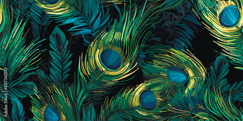 Luxurious peacock, plants and flowers. Vector Vintage Modern seamless pattern of tropical palm leaves, fern, peacock feather, butterfly for pattern, wallpaper or background. Fashionable template
