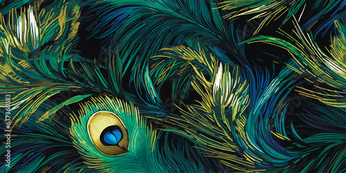 Luxurious peacock, plants and flowers. Vector Vintage Modern seamless pattern of tropical palm leaves, fern, peacock feather, butterfly for pattern, wallpaper or background. Fashionable template