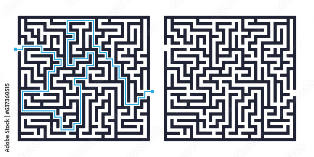 Square maze, a simple logic game with labyrinths. Vector maze game. Square maze, a simple logic game with labyrinths. Vector maze game.
