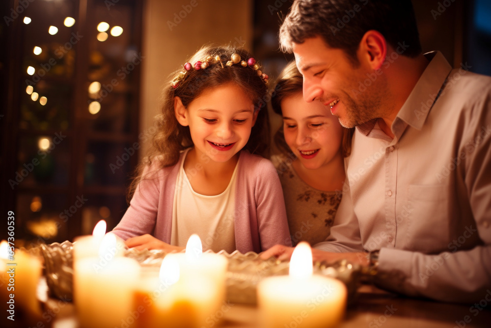 Family Lighting Candles for Rosh Hashanah Evening, love and happiness  