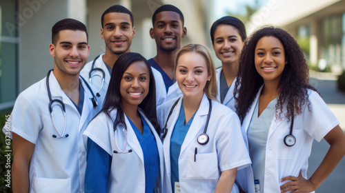 Leinwand Poster Diversity in medicine: Young medical students, asian, black, white, hispanic, we