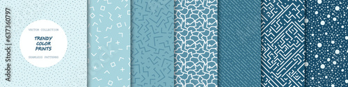 Collection of blue seamless colorful patterns - modern design. Creative unusual textile prints. Repeatable fun trendy backgrounds. Fashion style 80-90s