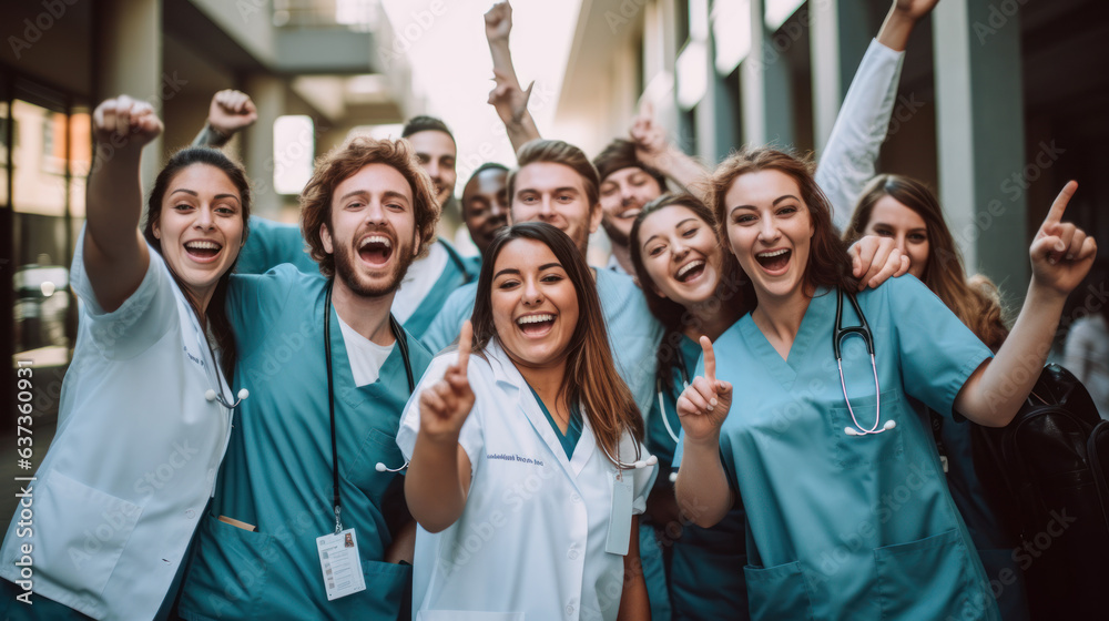 Celebrating medical education: Diverse team of students wearing nurse uniform cheers for joy - obrazy, fototapety, plakaty 