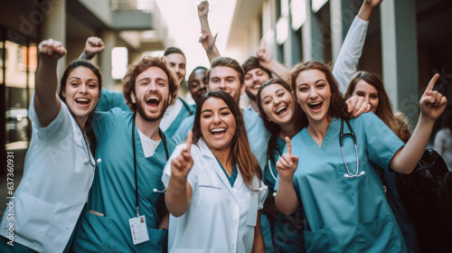 Celebrating medical education: Diverse team of students wearing nurse uniform cheers for joy photo