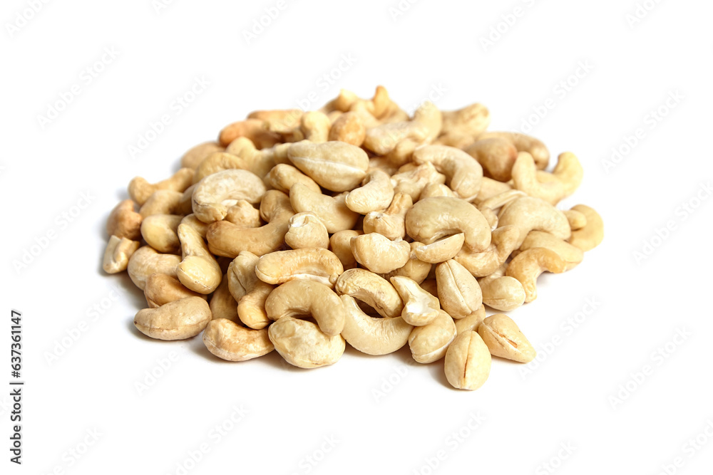 Cashew nut heap isolated on white background. Piled cashew nuts on white Cashew nut heap isolated on white background. Piled cashew nuts on white