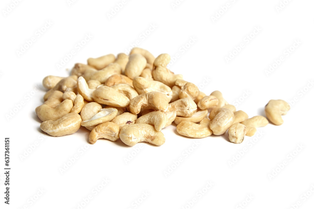 Cashew nut heap isolated on white background. Cashew heap, a nutty delight Cashew nut heap isolated on white background. Cashew heap, a nutty delight