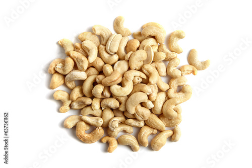Cashew nut heap isolated on white background, top view. Vegan-friendly cashew nuts