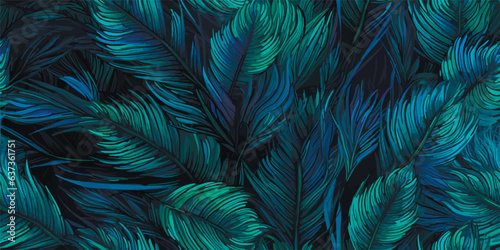 Luxurious peacock, plants and flowers. Vector Vintage Modern seamless pattern of tropical palm leaves, fern, peacock feather, butterfly for pattern, wallpaper or background. Fashionable template