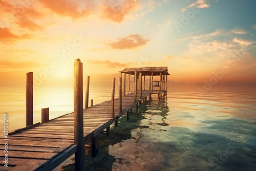An empty wooden dock in the calm water of a lake