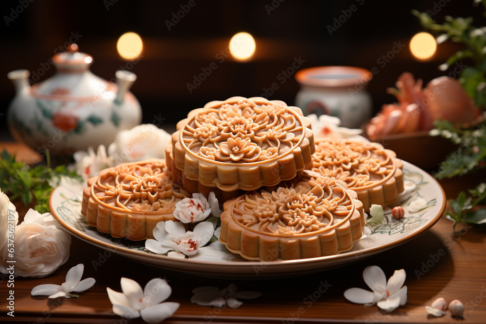 Moon cake on a plate Mid Autumn festival