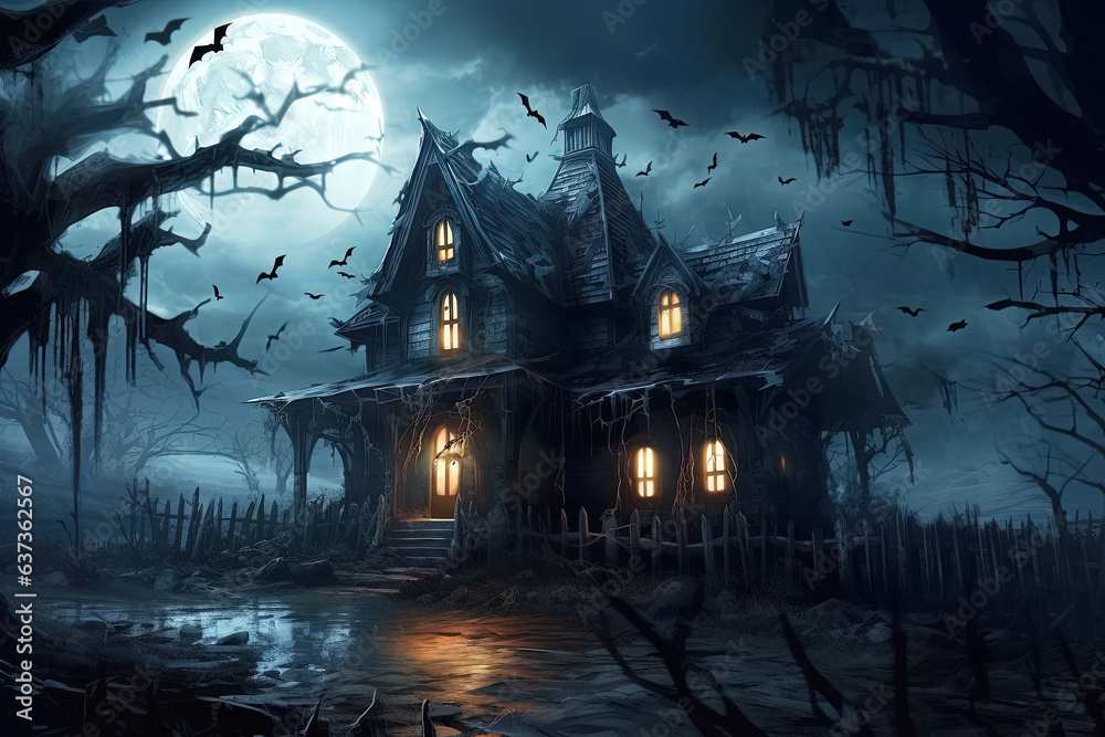 spooky haunted house, halloween greeting card. Generative Ai