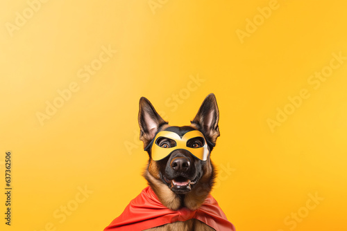 dog superhero in cape and mask over yellow background. Generative Ai