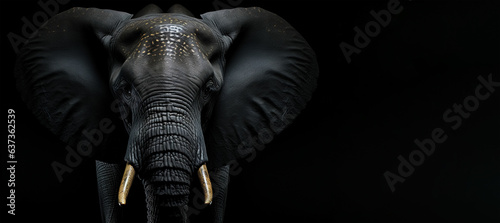 portrait of black elephant over black background, panoramic layout. Generative Ai