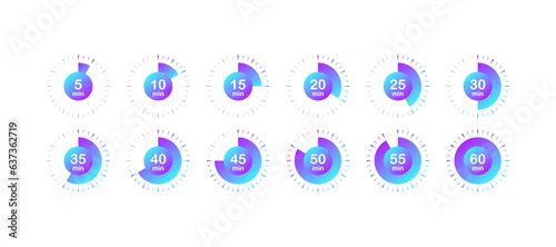 Timer icons. Flat, color, minutes countdown, countdown timer. Vector icons