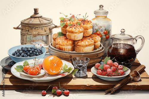 Assorted moon cake in a wooden tray, fruits and teapot, Mid Autumn Festival concept watercolor
