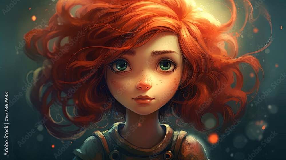 Portrait of a beautiful little girl with orange hair . Fantasy concept , Illustration painting. Portrait of a beautiful little girl with orange hair . Fantasy concept , Illustration painting.