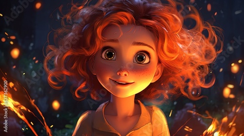 Portrait of a beautiful little girl with orange hair . Fantasy concept , Illustration painting.
