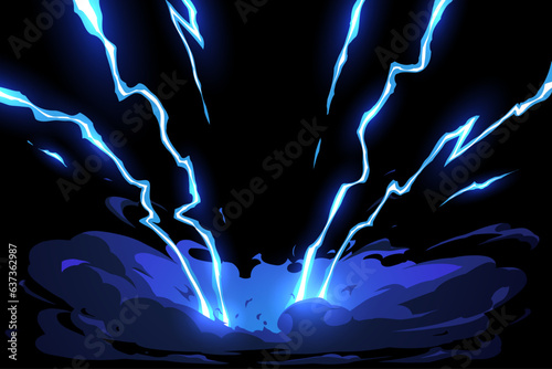 Cartoon lightning strike effect on black background