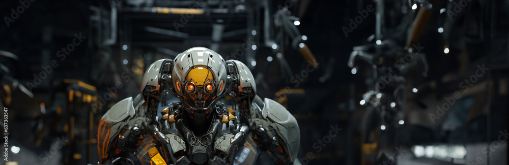 Neue Cyber Roboter Generation in Hunde Form in Querformat für Banner, ai generativ