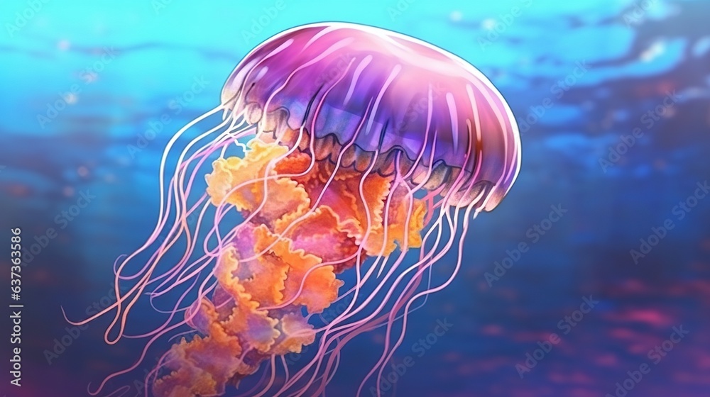 Graceful jellyfish floating in the ocean . Fantasy concept , Illustration painting. Graceful jellyfish floating in the ocean . Fantasy concept , Illustration painting.