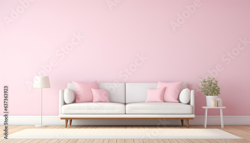  Interior wall mockup with empty white wall pink sofa
