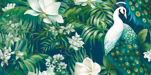 Luxurious peacock, plants and flowers. Vector Vintage Modern seamless pattern of tropical palm leaves, fern, peacock feather, butterfly for pattern, wallpaper or background. Fashionable template