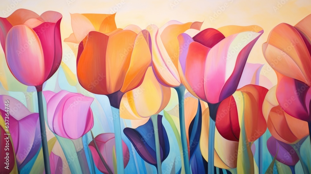 Fototapeta premium Colorful bright tulips, floral botanical background. Painting spring blooming tulip flowers. Watercolor AI illustration. Easter card, wedding invitation, blog decoration, wallpapers..