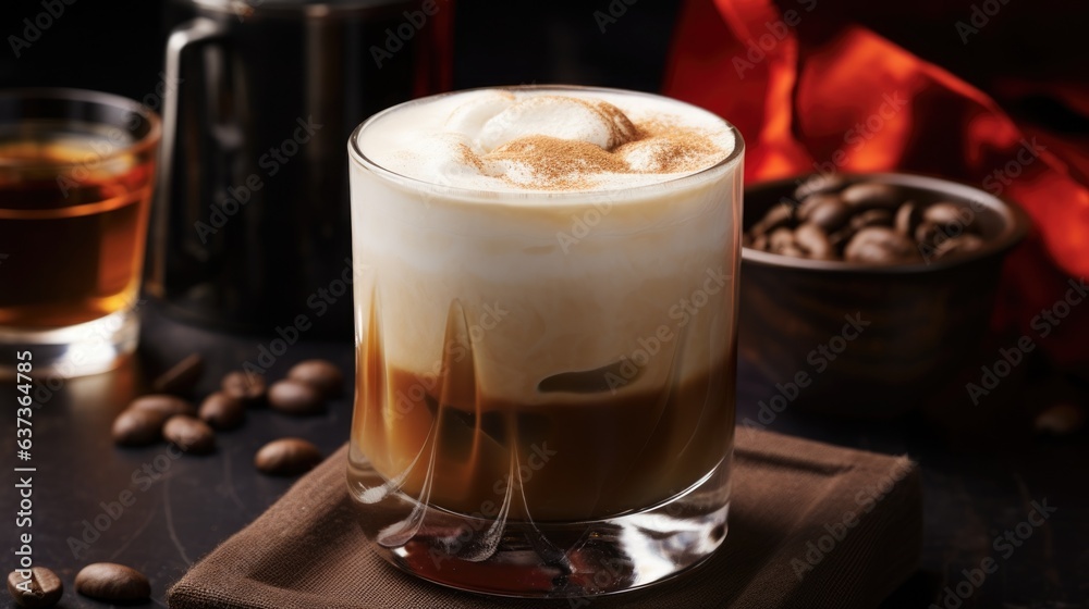 Сoffee Halloween cocktail topped with whipped cream in glass. Autumn coffee with spicy flavor and cream. Seasonal Fall Drinks concept. Alcoholic scary drink. AI photography. Сoffee Halloween cocktail topped with whipped cream in glass. Autumn coffee with spicy flavor and cream. Seasonal Fall Drinks concept. Alcoholic scary drink. AI photography.