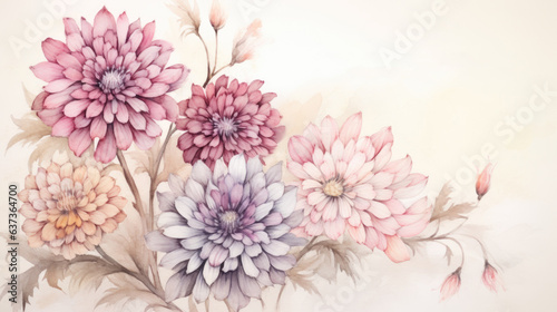 Chrysanthemum, aster fall floral bouquet. Chrysanthemums, asters fall flowers background. Autumn AI watercolor illustration.