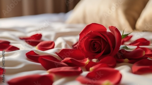 Honeymoon romantic room, rose petals scattered on bed for honeymoon lover