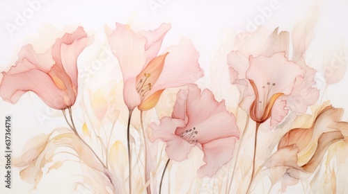 Pink delicate lilies. Elegant, romantic lily flowers background. Floral botanical watercolor AI illustration for decor, greeting, invitation card for wedding..