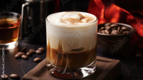 Сoffee Halloween cocktail topped with whipped cream in glass. Autumn coffee with spicy flavor and cream. Seasonal Fall Drinks concept. Alcoholic scary drink. AI photography.