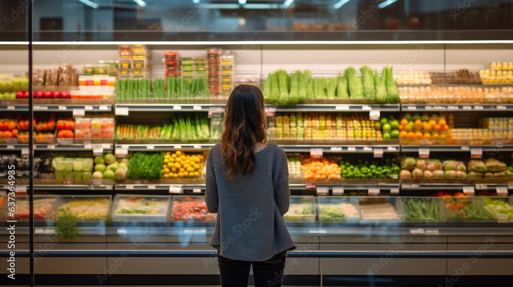 Woman Picking Groceries in Well-Lit Supermarket