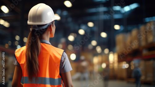 Elegant Female Worker with Helmet in Warehouse Backdrop