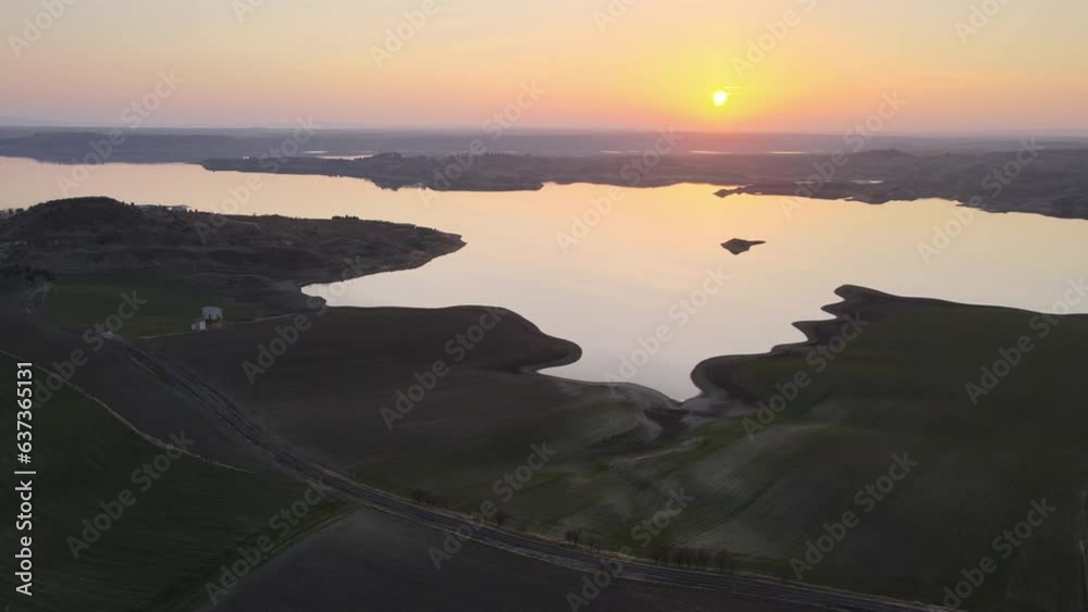 Aerial view of a large lake and sunset Aerial view of a large lake and sunset