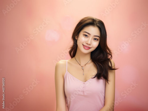 Cute smiling asian woman in pink tank top looking at camera