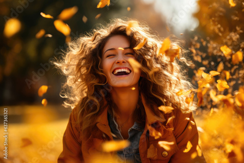 City Park Delight  Carefree Woman Enjoying Autumn Leaf Toss