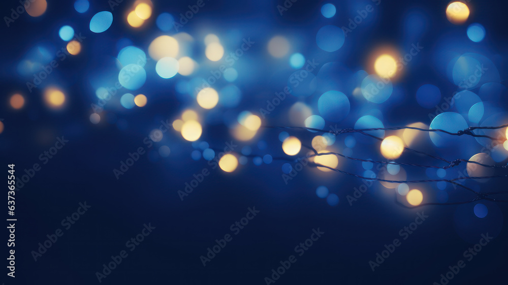 Christmas Garland Bokeh Lights on Dark Blue Background