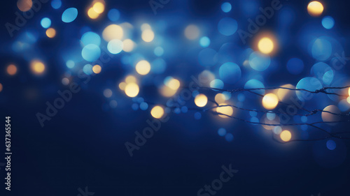 Christmas Garland Bokeh Lights on Dark Blue Background