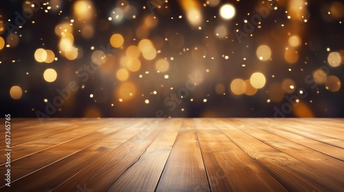Empty brown hardwood floor or wood board table with abstract bokeh lights in the background © Russel