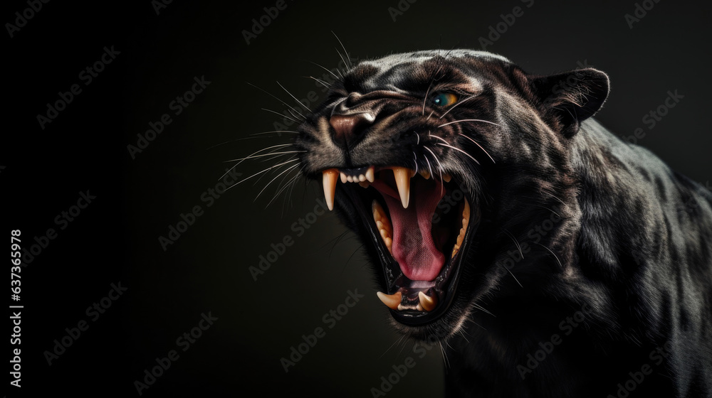 Fierce Black Panther Roaring in Isolation - obrazy, fototapety, plakaty 