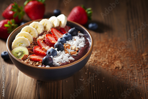 Wallpaper Mural an acai bowl with Kiwi, banana, strawberries, blueberries, coconut flakes and nuts on a table with berries in the background Torontodigital.ca
