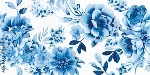 Floral print. Vector vintage illustration of blue flowers  leaves  frame  pattern for background  background. Modern seamless pattern. Fashionable template for design or wedding invitations