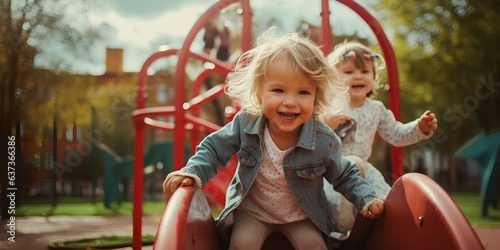 Fototapeta Naklejka Na Ścianę i Meble -  Happy little kids are playing on the playground.