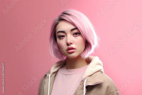 Modern young asian girl with pink short hair, healthy smooth skin looking at camera